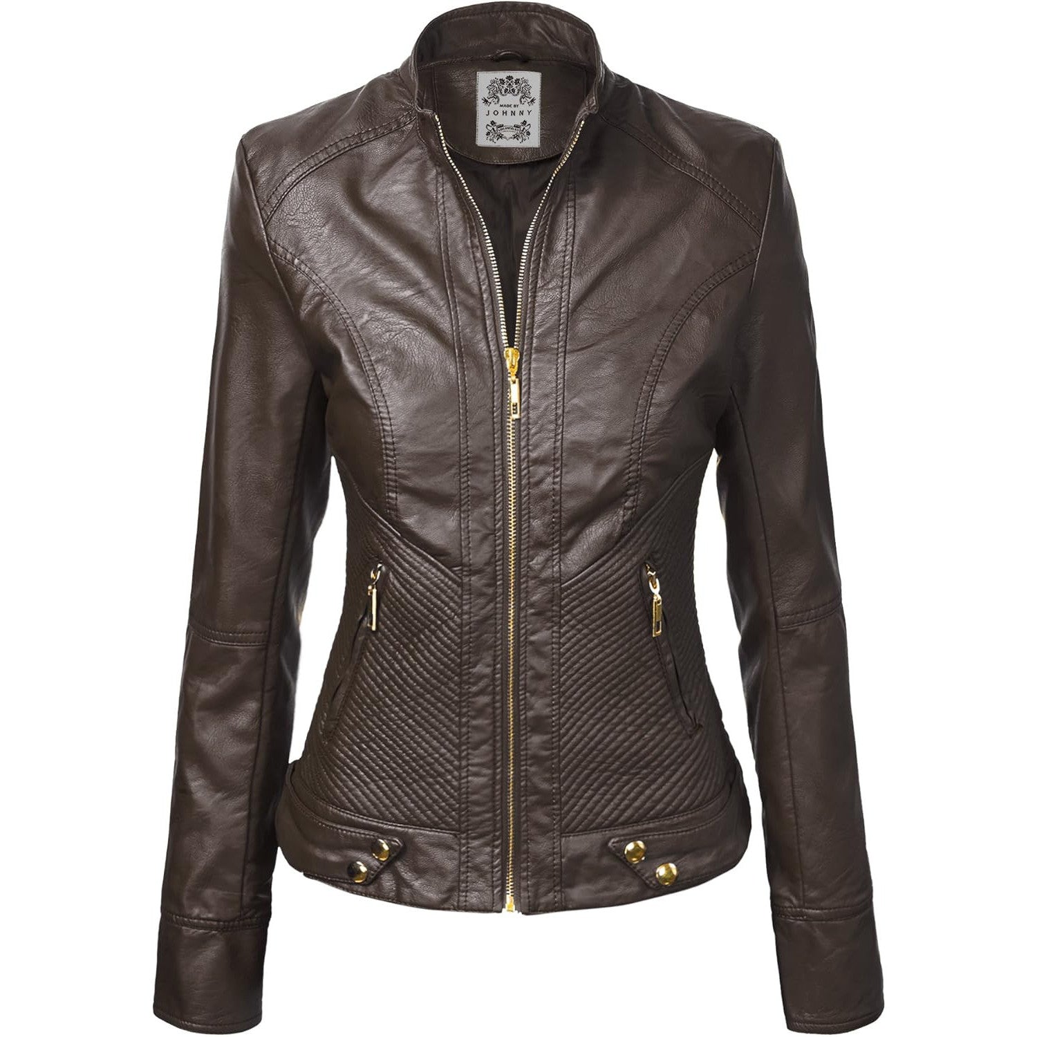 Made By Johnny Women's Vegan Leather Biker Jacket – Coffee XL